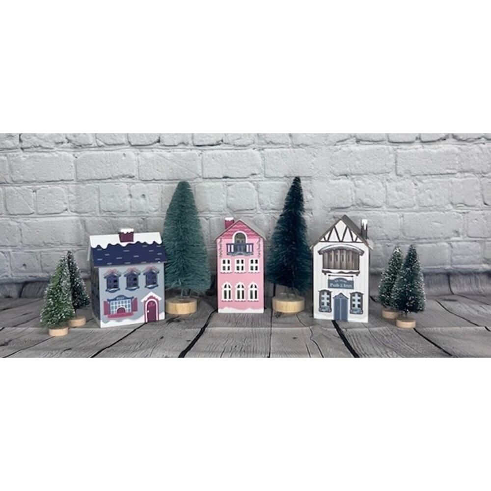 Winter Holiday Village Cottages Sparke Pine Trees Christmas Décor 9 Piece Lot